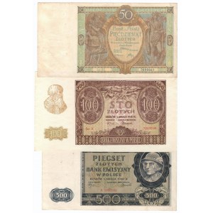 II RP i GG, 50 złotych 1929, 100 i 500 złotych 1941 (3 egzemplarze)