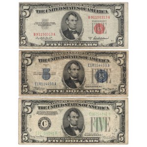 USA, zestaw banknotów 5 dolarów 1934, 1953 (3 egzemplarze)