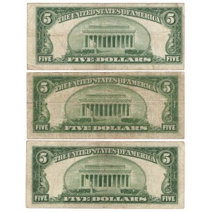 USA, zestaw banknotów 5 dolarów 1934, 1953 (3 egzemplarze)