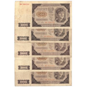 PRL, 500 złotych 1948 zestaw 5 egzemplarzy (różne serie)