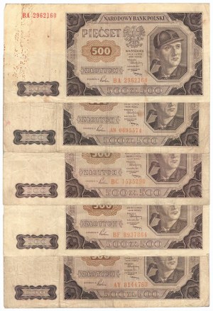 PRL, 500 złotych 1948 zestaw 5 egzemplarzy (różne serie)