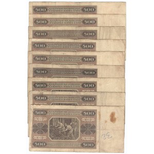 PRL, 500 złotych 1948 - zestaw różnych serii (9 egzemplarzy)