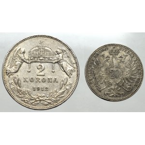 Węgry, 2 korony 1912 i 20 Forint 1869