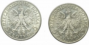 II Rzeczpospolita, zestaw 5 złotych 1933-34 Głowa kobiety