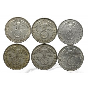 Niemcy, III Rzesza, Zestaw 2 marki 1937-39 (6 egz)