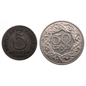 Zestaw, 50 groszy 1923 i 5 fenigów 1918
