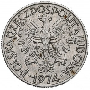 PRL, 5 złotych 1974 Rybak - skrętka 90 stopni