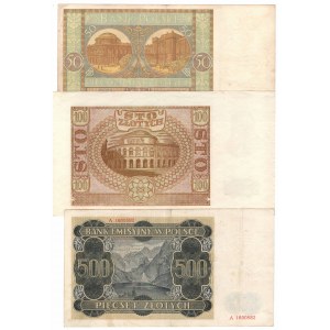 II RP i GG, 50 złotych 1929, 100 i 500 złotych 1941 (3 egzemplarze)