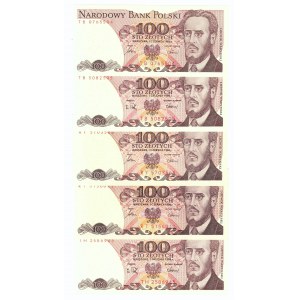 PRL, 100 złotych 1986 i 1988 - zestaw 5 egzemplarzy