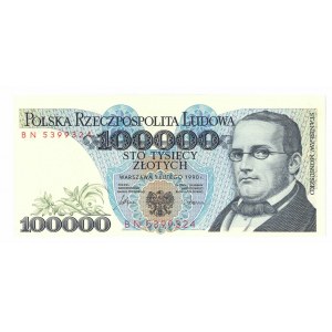 PRL, 100 000 złotych 1990 BN - DESTRUKT - obustronnie przesunięty druk