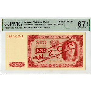 PRL, 100 złotych 1948 KR - WZÓR - PMG 67EPQ