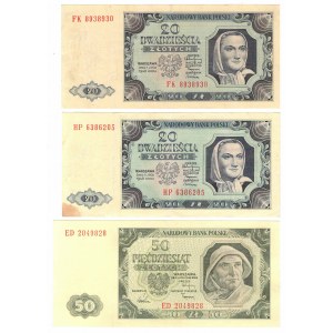 PRL, Zestaw 20 i 50 złotych 1948 - 3 egzemplarze