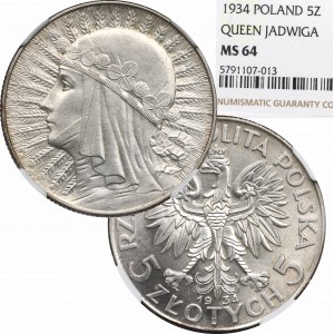 II RP, 5 złotych 1934 Głowa kobiety - NGC MS64 - REWELACYJNA