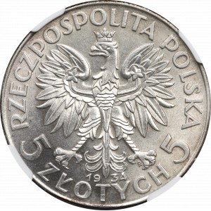 II RP, 5 złotych 1934 Głowa kobiety - NGC MS64 - REWELACYJNA