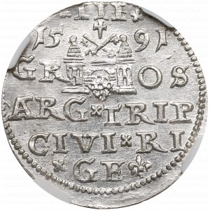 Sigismund III. Vasa, Trojak 1591, Riga - unbeschriebener Apfel, der die Krone krönt NGC MS62