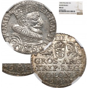 Zygmunt III Waza, Trojak 1594, Malbork - pierścień w dacie - NGC MS62 / RZADKOŚĆ