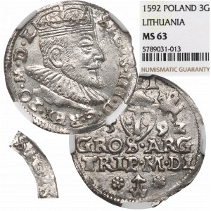 Sigismund III Vasa, Trojak 1592, Vilnius - selten - NGC MS63