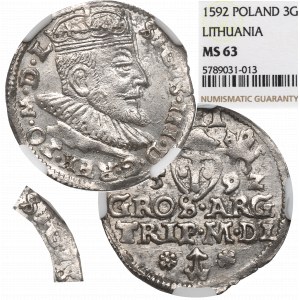 Zygmunt III Waza, Trojak 1592, Wilno - rzadki - NGC MS63