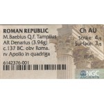 Römische Republik, M. Baebius (137 v. Chr.), Denar - NGC Ch AU