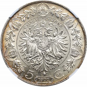 Austria, Franz Joseph, 5 corona 1907 -NGC MS62