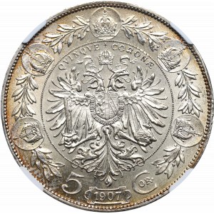 Austria, Franciszek Józef, 5 koron 1907 - NGC MS62