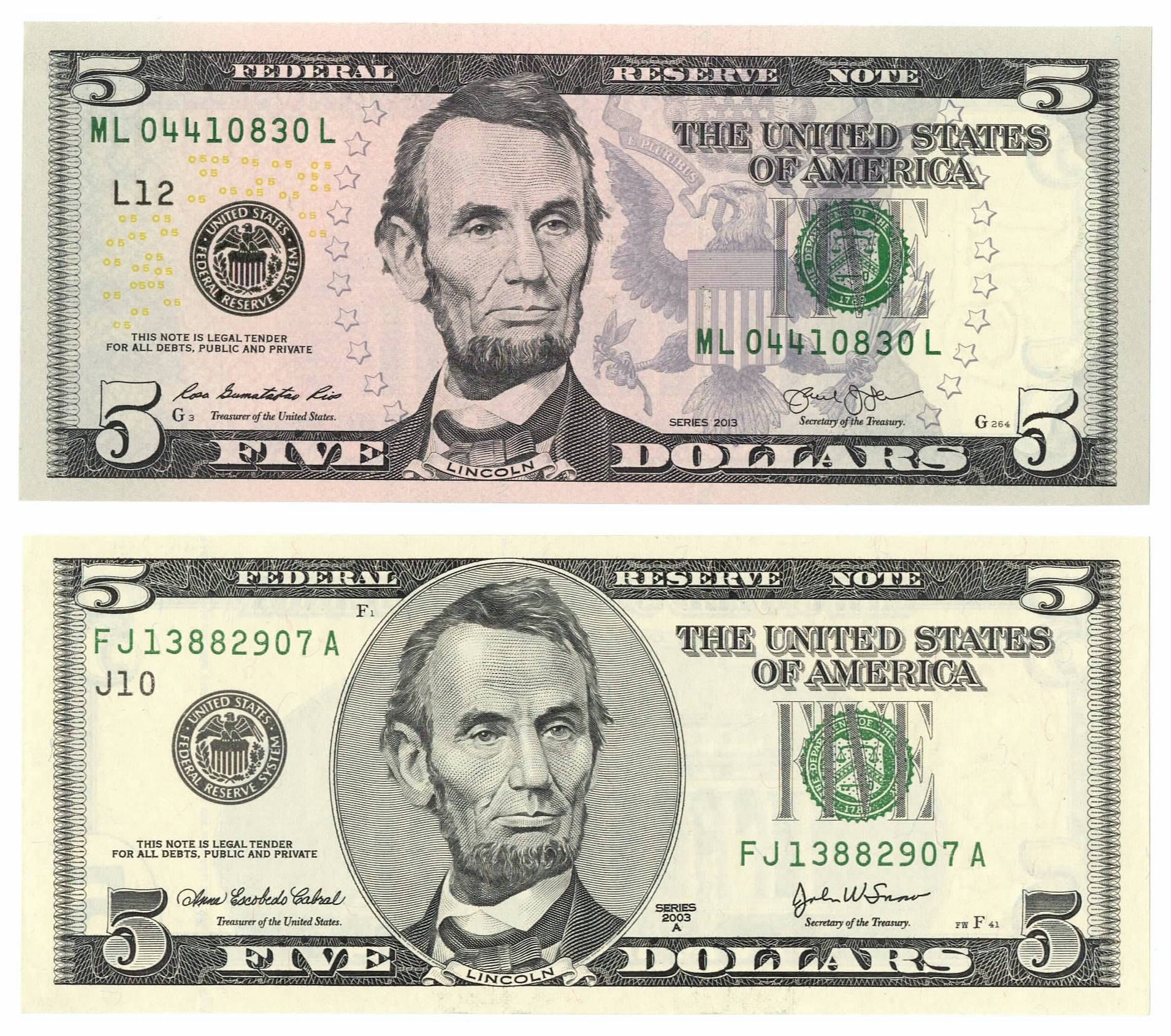 USA, Zestaw 2 banknotów o nominale 5 dolarów 2003 i 2013 - Aukcja ...