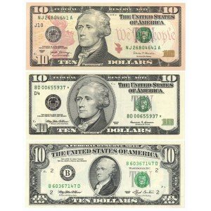 USA, Zestaw 3 banknotów o nominale 10 dolarów 1993, 1999 i 2017