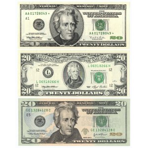 USA, Set of 3 $20 bills 1993, 1996 and 2004