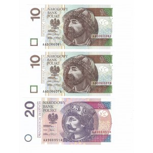 Zestaw 3 banknotów 10-20 złotych 2012 lubiana seria AA