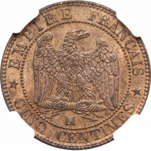 Francja, 5 centimów 1854, Marsylia - NGC MS64 RB