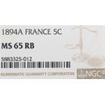 Francja, 5 centimów 1894 - NGC MS65 RB
