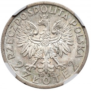 Zweite Polnische Republik, 2 Zloty 1932, Kopf einer Frau - Exemplar! NGC MS64