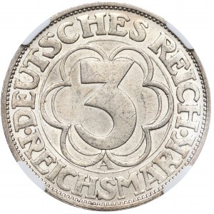 Niemcy, Republika Weimarska, 3 marki 1927 A Nordhausen - NGC MS65