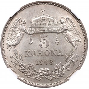 Węgry, Franciszek Józef, 5 koron 1908 - NGC MS64
