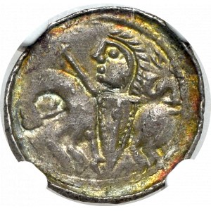 Boleslaw II. der Kühne, Denarius Prinz zu Pferd - S im Feld NGC MS65