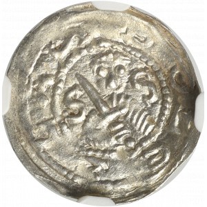 Bolesław IV Kędzierzawy, Denar - trzech za stołem NGC MS64