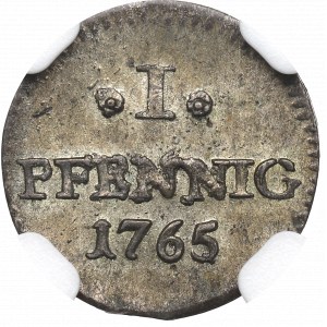 Niemcy, Saksonia, Fryderyk August, 1 fenig 1765 C, Drezno - NGC MS65