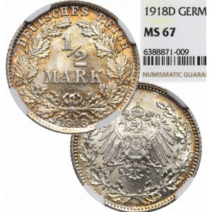 Germany, 1/2 mark 1918 D - NGC MS67