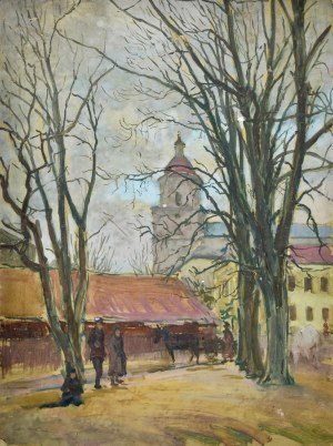 Józef PIENIĄŻEK (1888-1953), Pejzaż miejski z kościołe w dali