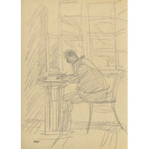 Wojciech WEISS (1875-1950), Stanisław Weiss – ojciec artysty w trakcie pisania przy stoliku nieopodal okna