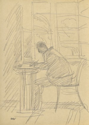 Wojciech WEISS (1875-1950), Stanisław Weiss – ojciec artysty w trakcie pisania przy stoliku nieopodal okna