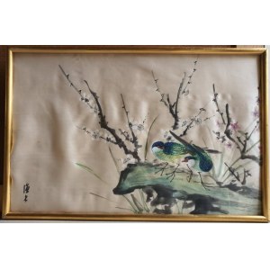 Pejzaż z ptaszkami, obraz na jedwabiu inspirowany sztuką japońską