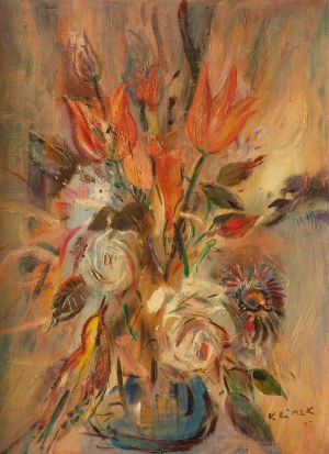 Ludwik Klimek (1912 Skoczów - 1992 Nicea), Kwiaty w niebieskim wazonie
