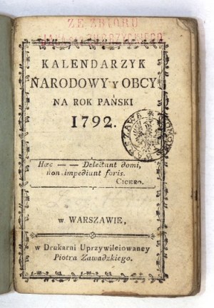 Kalendarzyk Narodowy na rok 1792 z tekstem Konstytucji 3 Maja.