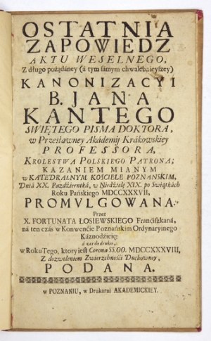 Kazanie z okazji kanonizacji Jana Kantego w 1738.