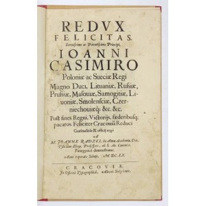 Panegyrik vydaný pri príležitosti korunovácie Jána Kazimíra za poľského kráľa v roku 1660.