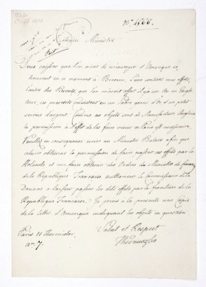 Odręczny list Tadeusza Kościuszki do ministra rządu francuskiego z 1799.