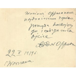 OPPMAN Artur (OR-OT) - Ručně psaná dedikace spisovatele synovi Wacławovi (nar. 1893) na zadní straně frontispisu, který doprovází Pi...