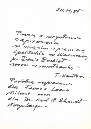 [KANTOR Tadeusz]. Odręczny krótki list Tadeusza Kantora do nieznanego adresata,...