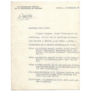 [GDAŃSK, Freie Stadt]. Maschinengeschriebenes Schreiben von Henryk Strasburger, Generalkommissar der Republik Polen in Danzig, bezüglich der Möglichkeit, ...